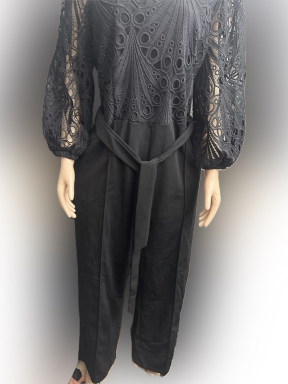 Black Lace-Sleeve Jumpsuit with Waist Tie